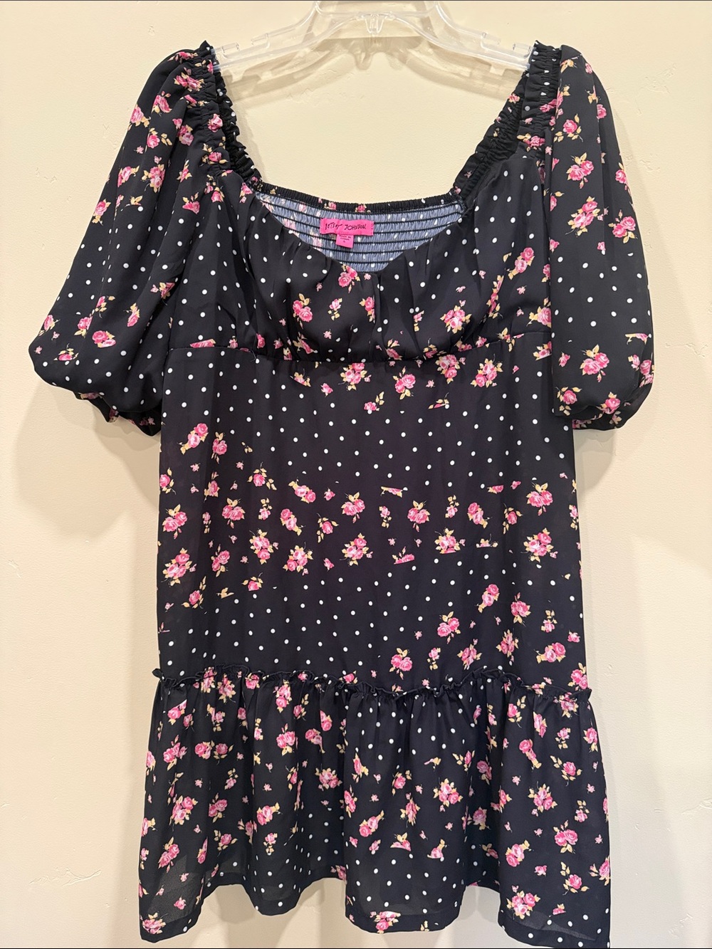 Betsey Johnson Black Floral & Polka Dot Peasant Tunic
